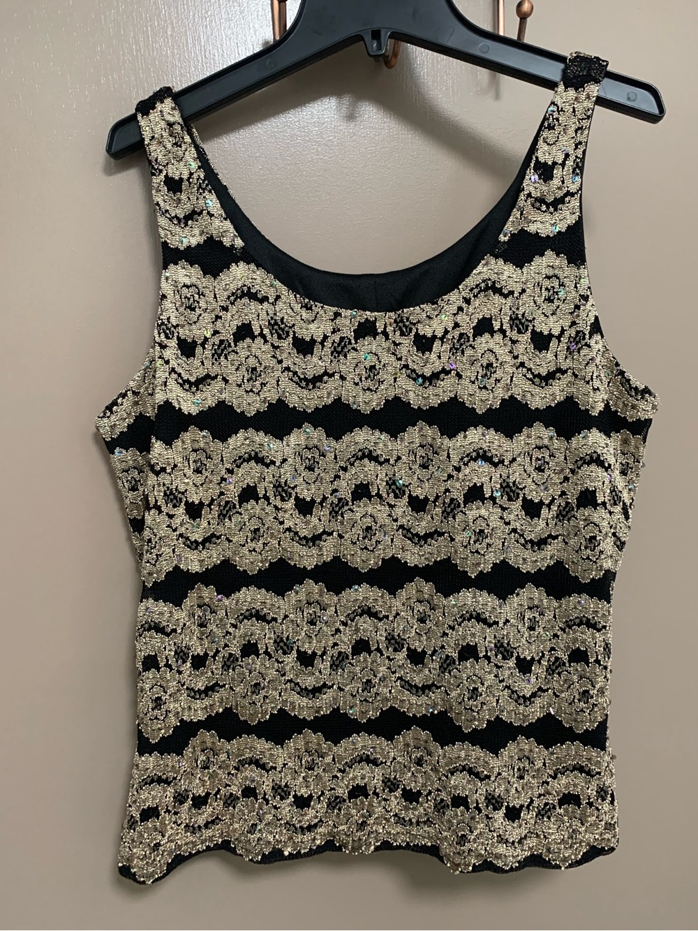 JS Boutique Sequin Lace-Stripe Tank Top - Black & Gold Size M